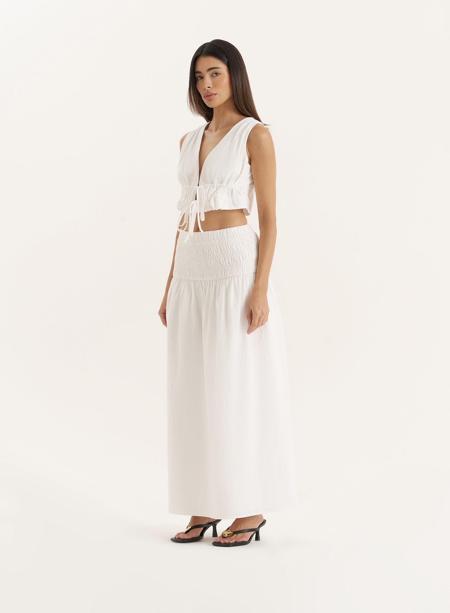 White Drop Waist Shirred Maxi Skirt